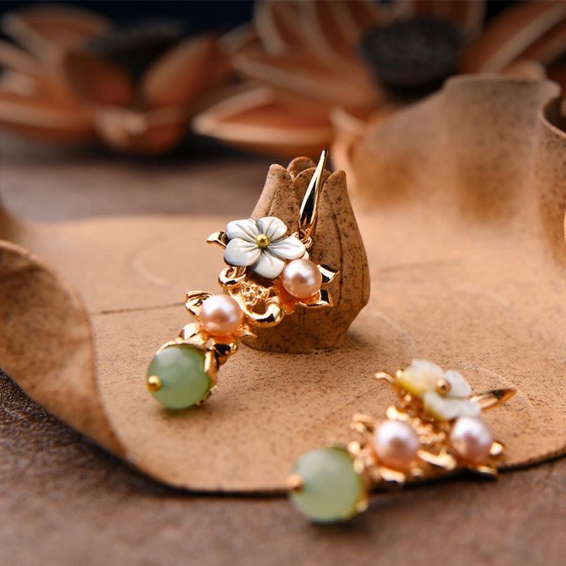 14K Gold Plated Tridacna Stone Pearl Drop Earrings