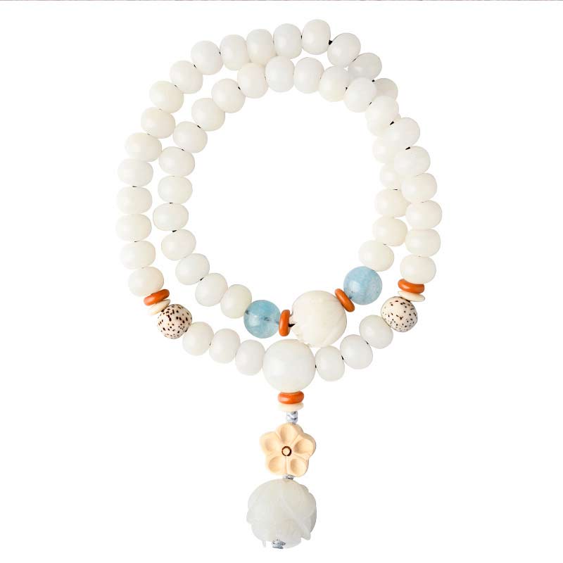 Unisex Lotus Bracelet with White Jade, Bodhi Seed & Blessings