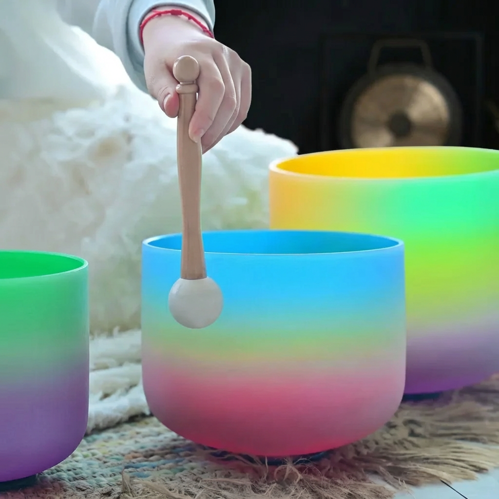 Rainbow Frosted Quartz Crystal Singing Bowl Set - 7 pcs 6-14