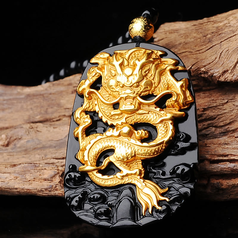 18k Gold-plated Obsidian Dragon Pendant Necklace 52cm
