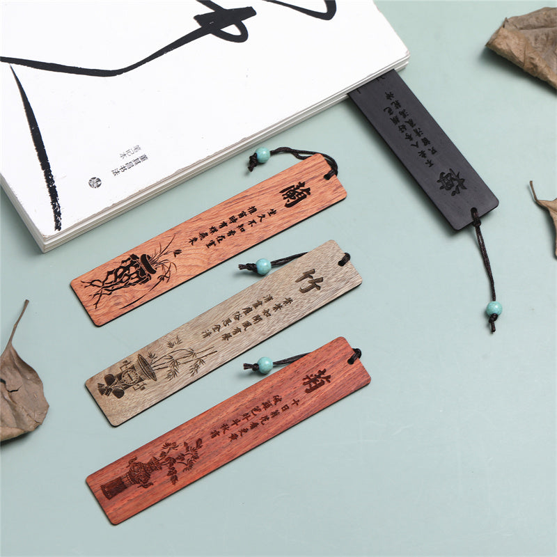 Wooden Zen Decor Bookmark with Plum Orchid Bamboo Chrysanthemum Motifs