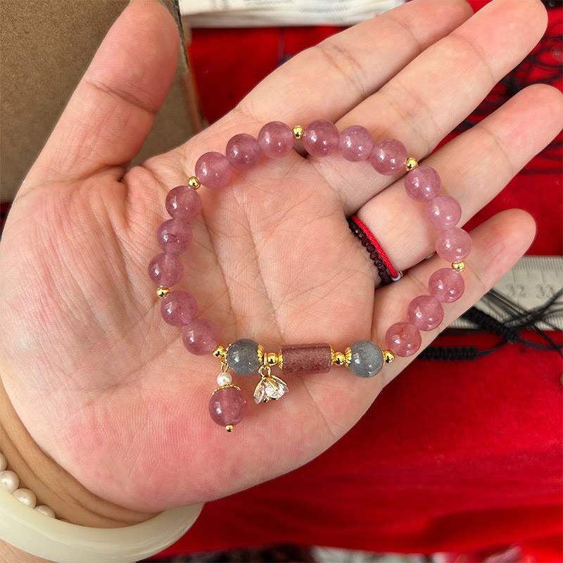Strawberry Quartz Charm Bracelet with Zircon Flower for Love