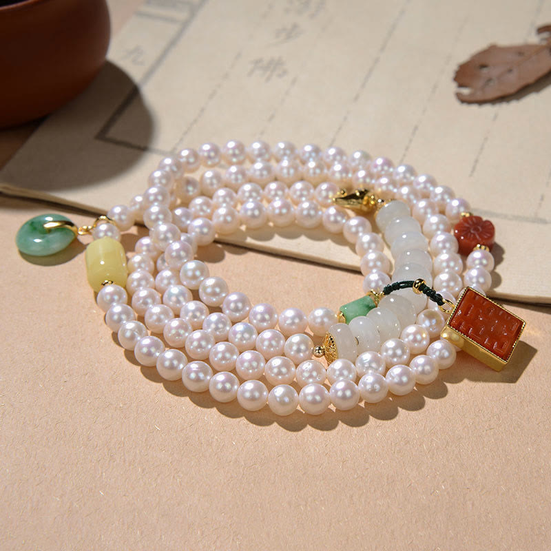 Quadruple Wrap Jade Bracelet with Pearl, Red Agate & Amber for Luck