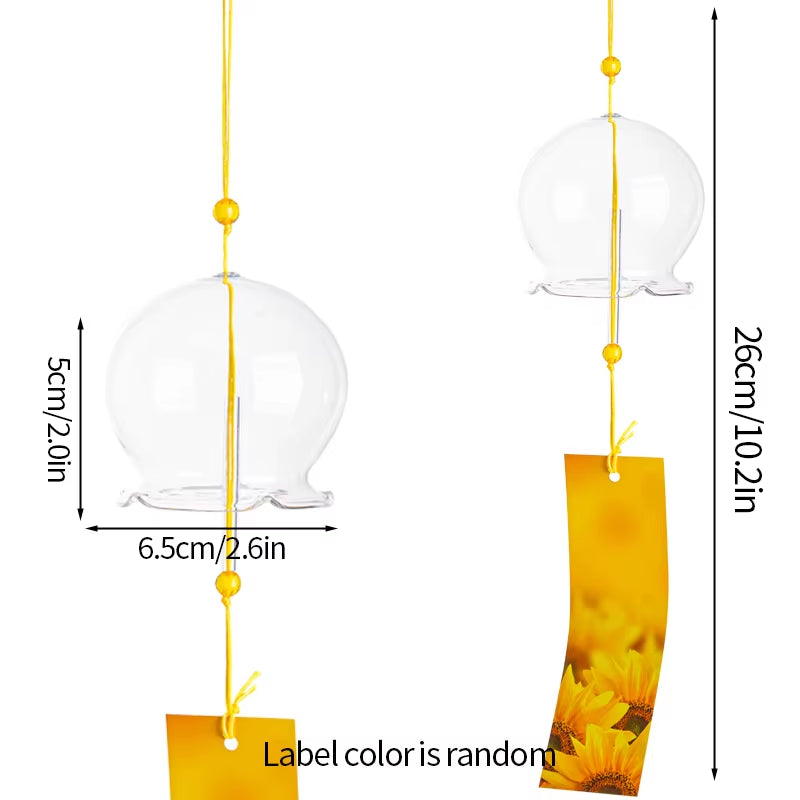 Japanese Glass Wind Chimes with amber pendants hanging from yellow cords for outdoor decor