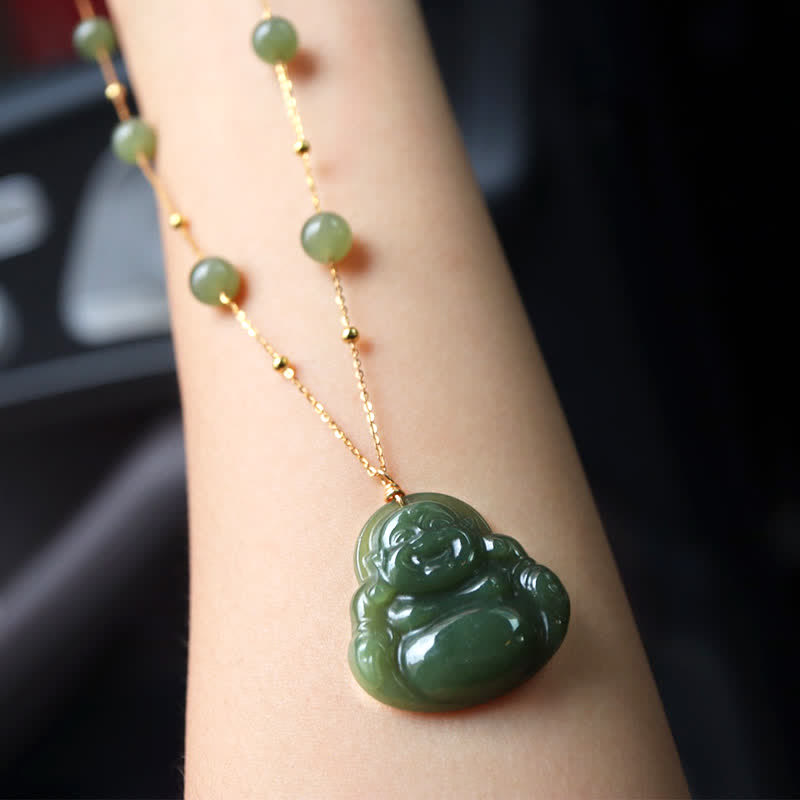 Hetian Jade Luck Necklace with Laughing Buddha Pendant