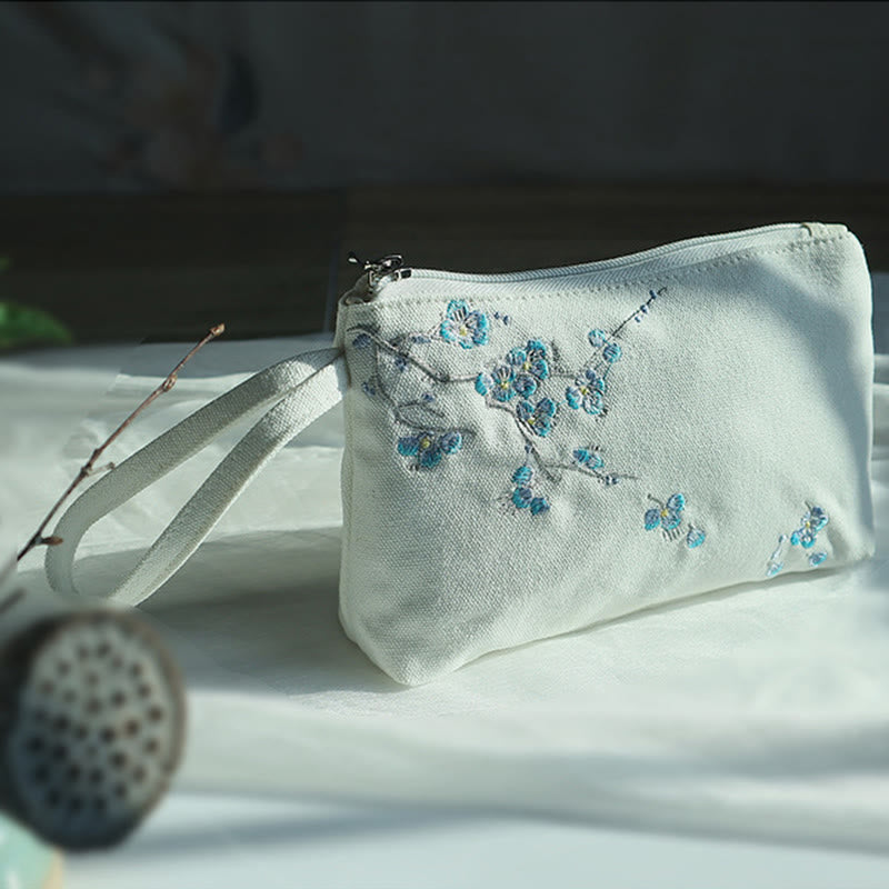 Canvas Wallet with Plum Cherry Crane Embroidery | Compact 21x13cm