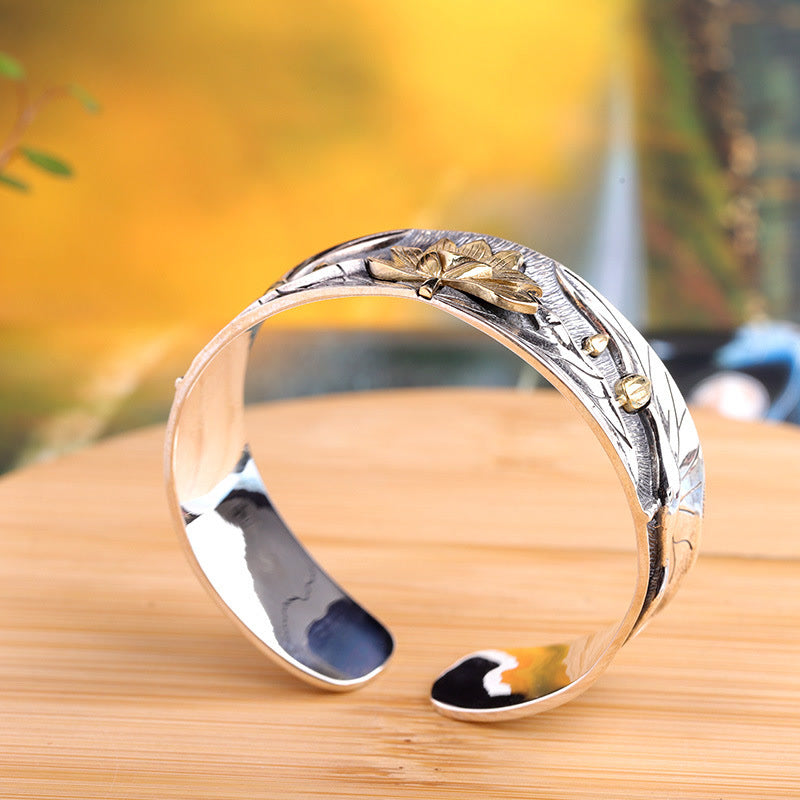 Lotus Flower Calm Bracelet in 925 Sterling Silver Adjustable
