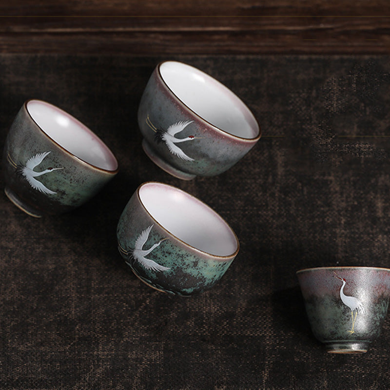 Auspicious Crane Ceramic Tea Cup for Meditation & Ritual