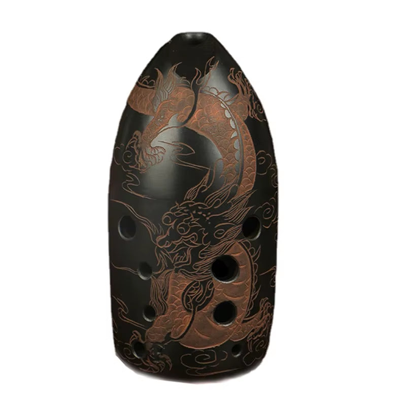 10 Holes Double Chamber Xun Vintage Dragon Phoenix Xun Black Ceramic Double Ocarina Flute Professional Musical Instruments Gifts