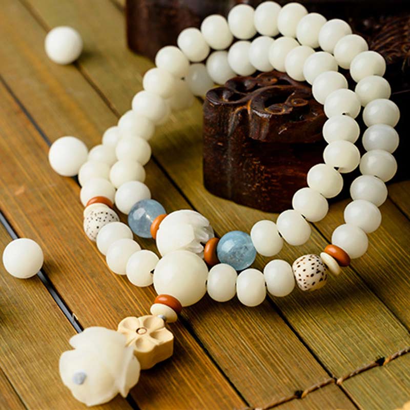 Unisex Lotus Bracelet with White Jade, Bodhi Seed & Blessings