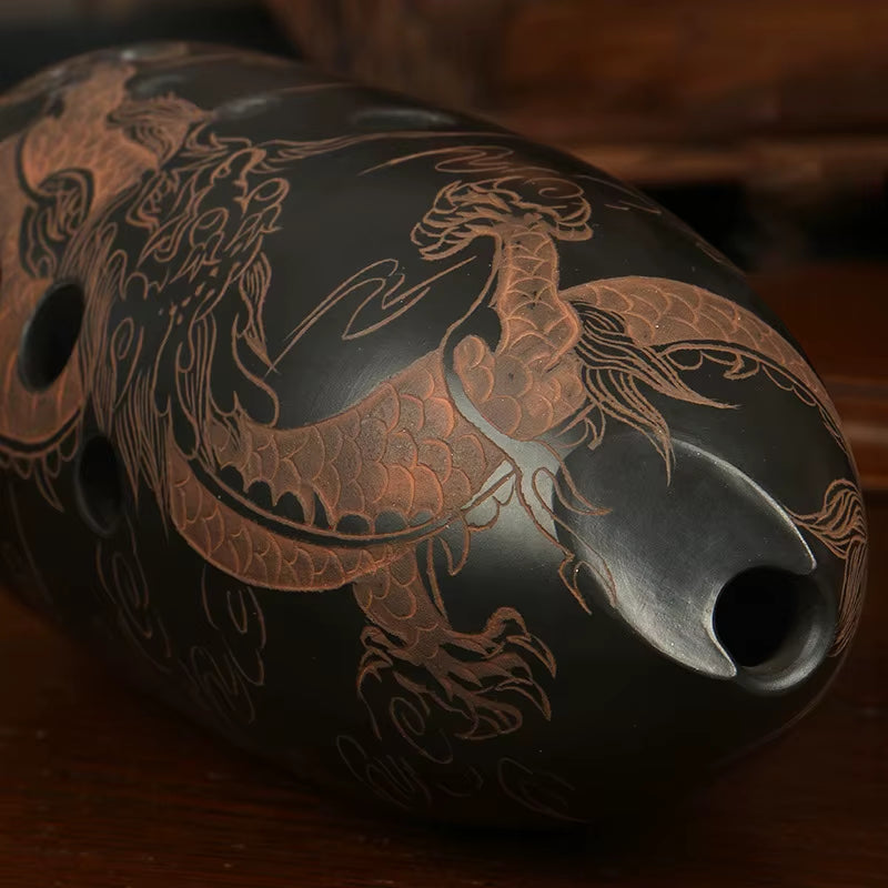 10 Holes Double Chamber Xun Vintage Dragon Phoenix Xun Black Ceramic Double Ocarina Flute Professional Musical Instruments Gifts