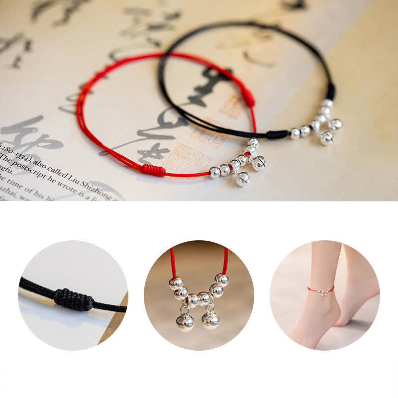 925 Sterling Silver Red String Bell Charm Spiritual Anklet