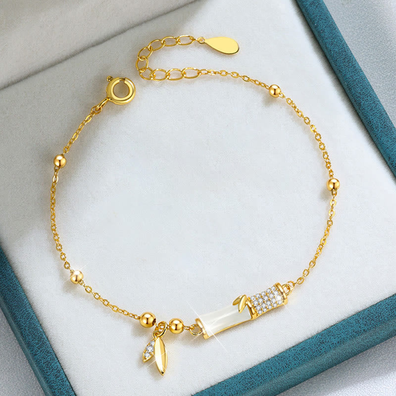 White Jade Protection Bracelet with 18K Gold Plated Silver Bamboo Leaf
