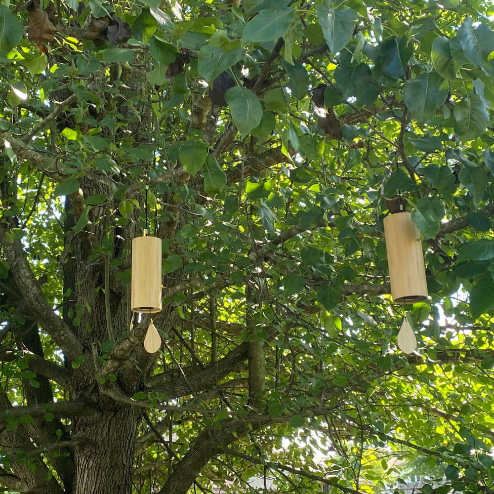 Two wooden pendant lights hanging from tree branches in a decorative wind chime set