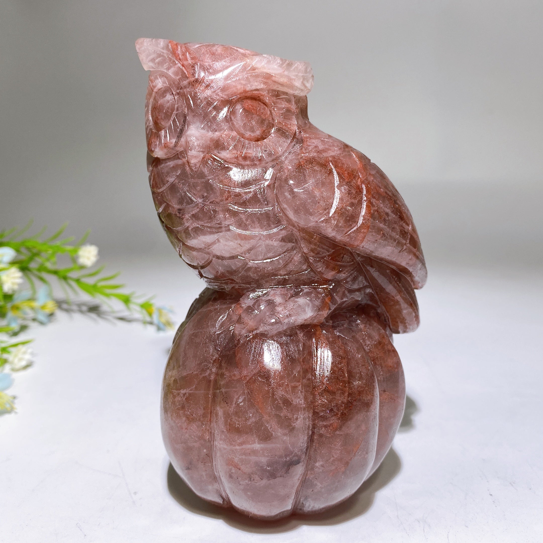 5.2" Hand-Carved Fire Quartz Owl on Pumpkin Figurine