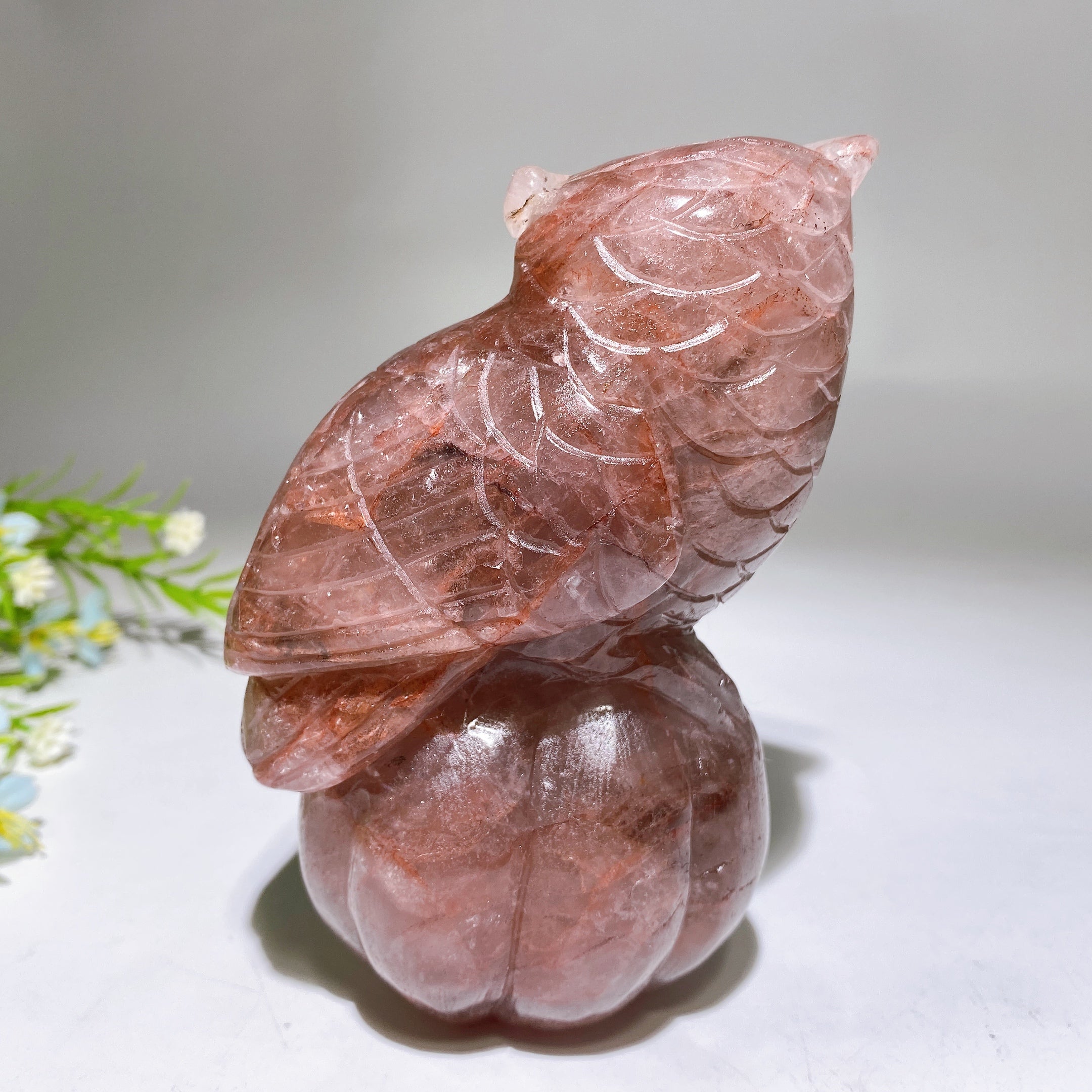 5.2" Hand-Carved Fire Quartz Owl on Pumpkin Figurine