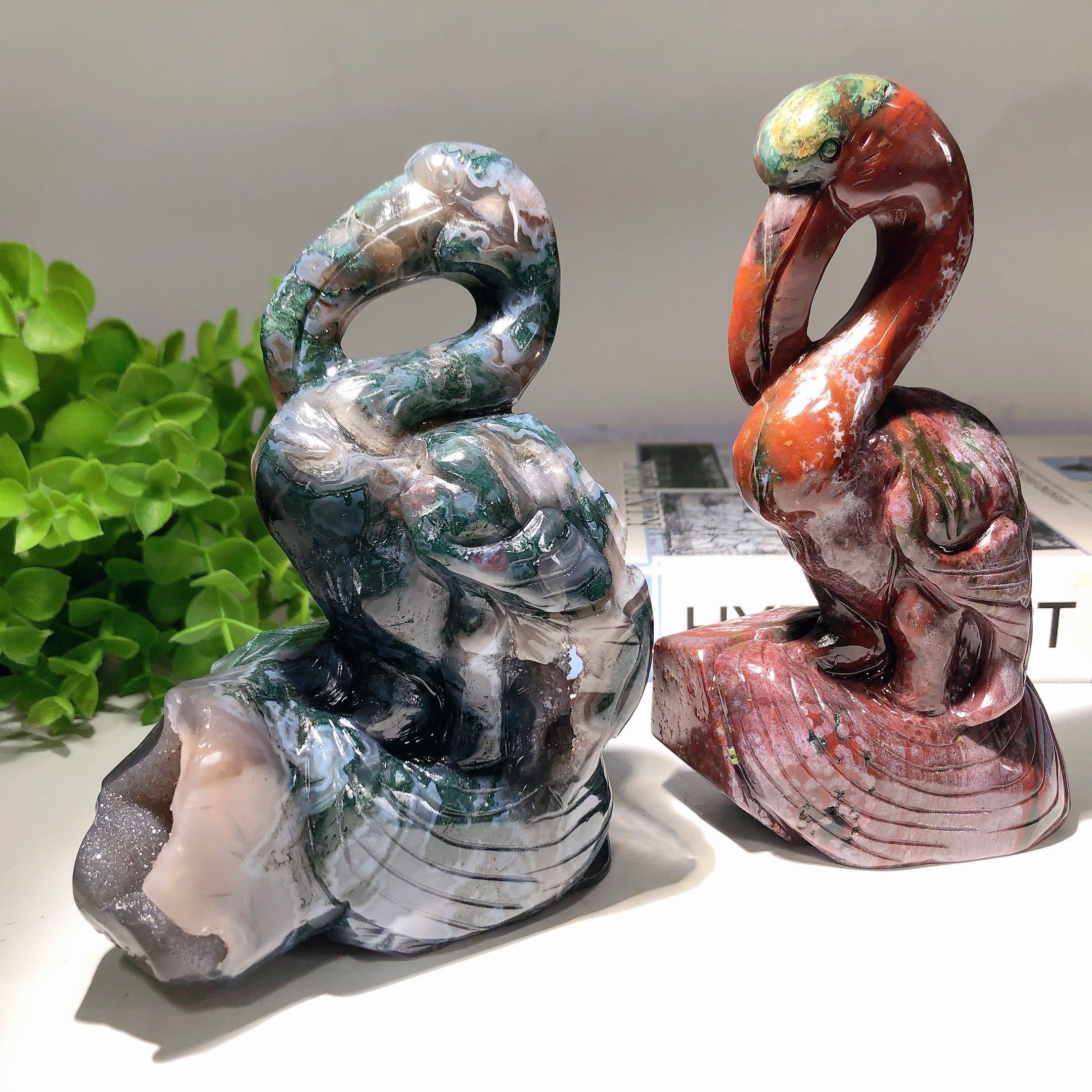 5.5-6.5in Moss Agate & Ocean Jasper Flamingo Crystal Figurines
