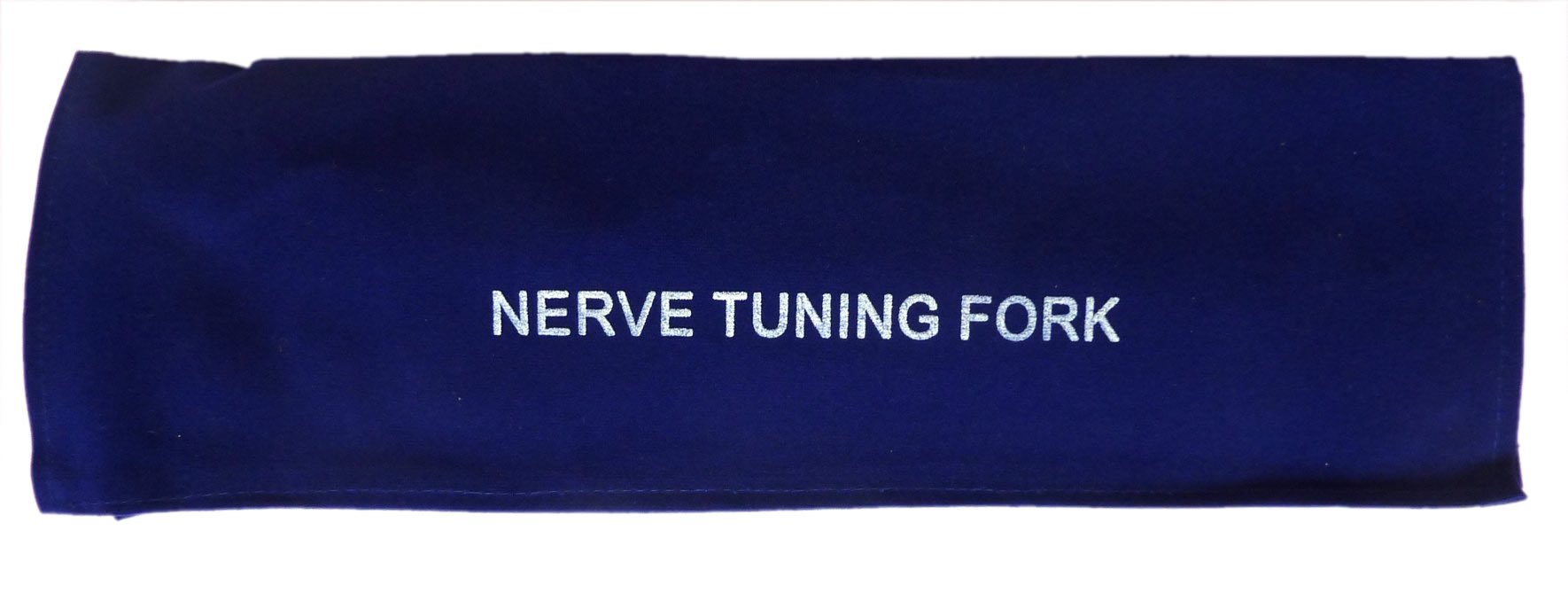 Navy blue fabric sleeve with NERVE TUNING FORK text on 50 Hz weighted fork for pain relief