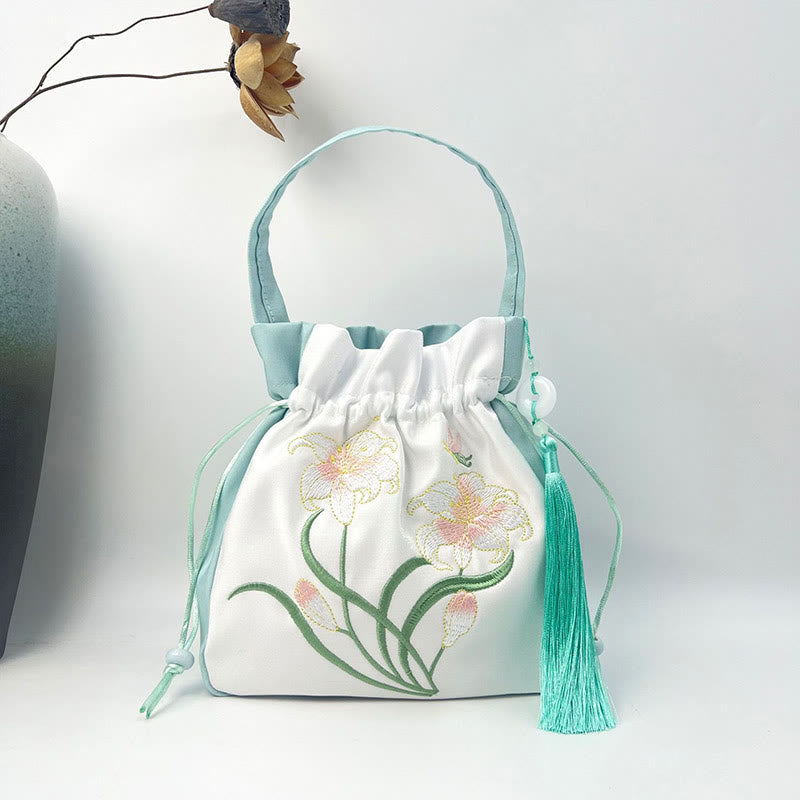 Embroidered Cotton Linen Tote Bag With Wisteria Flowers