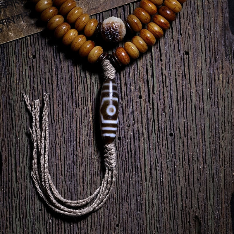 Yak Bone Protection Bracelet with Three-eyed Dzi Bead - 108 Beads