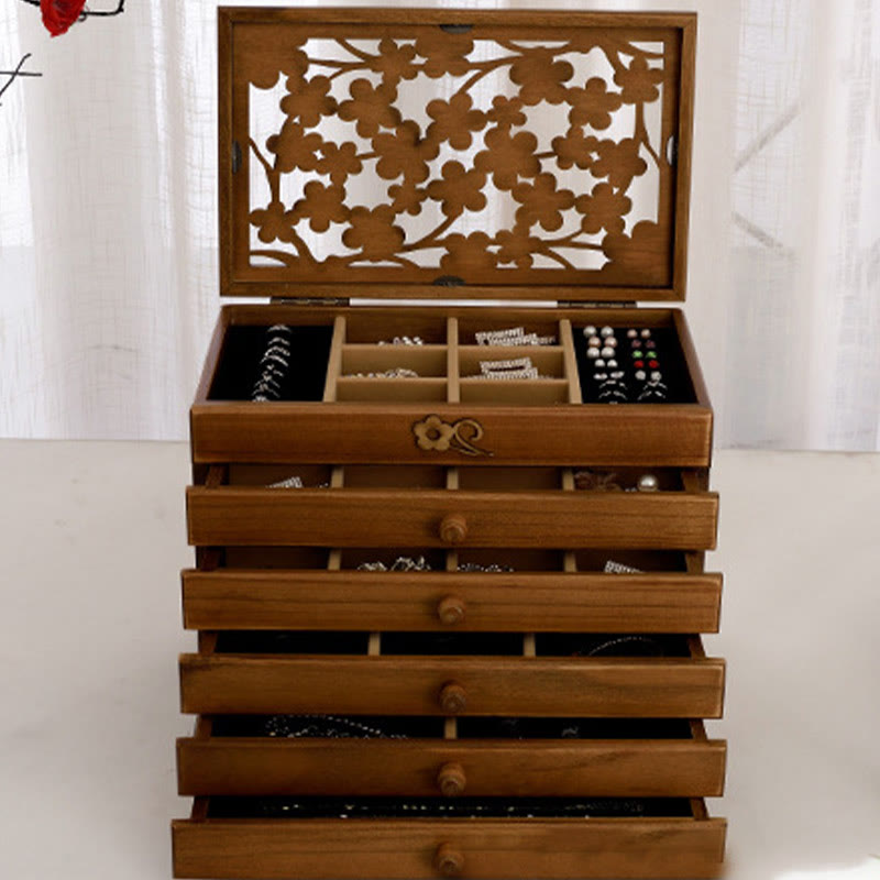 Six-Layer Wooden Jewelry Box with Vintage Plum Blossom Carvings