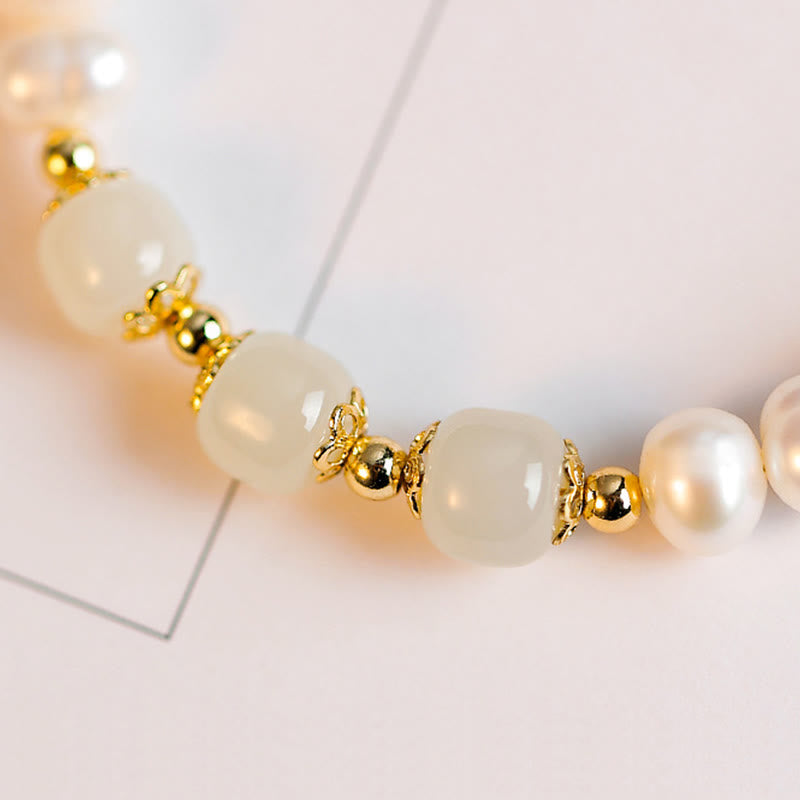 14K Gold Plated Pearl Hetian Jade Bead Bracelet for Harmony