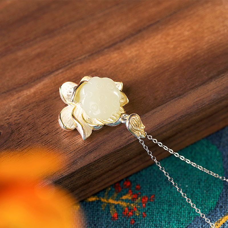 White Jade Lotus Flower Happiness Protection Necklace