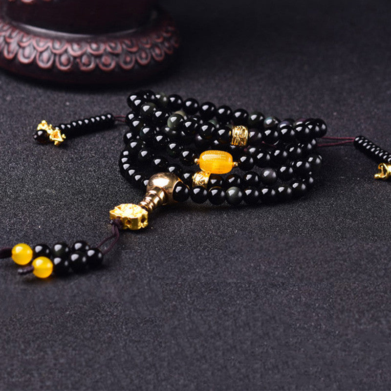 108 Beads Black Obsidian Lotus Fulfilment Mala Bracelet 6mm