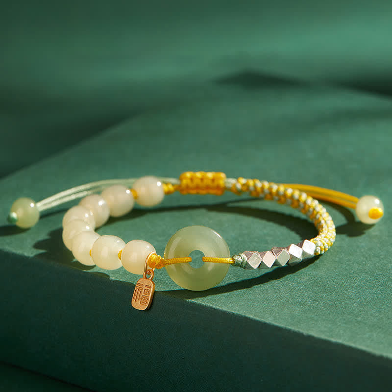 Hetian Jade Peace Buckle Luck Bracelet|Sterling Silver Charm