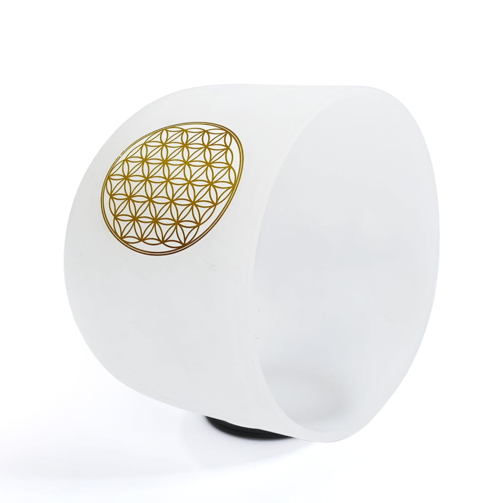 White Selenite Palm Stone with Gold Flower of Life Symbol for Crystal Singing Bowl