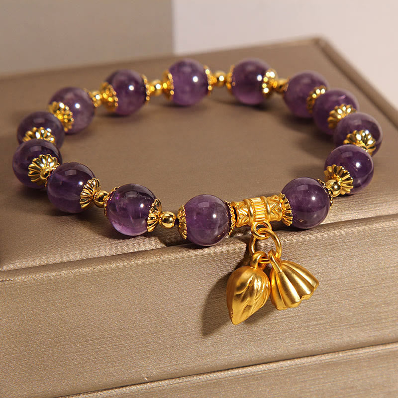Natural Amethyst Healing Bracelet with Lotus for Spiritual Balance