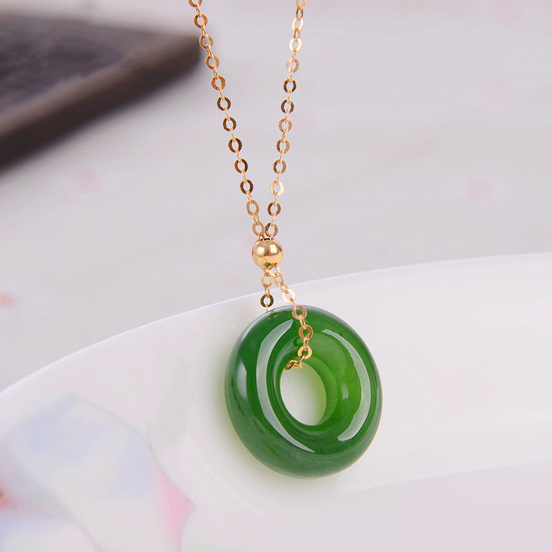 Unisex Round Cyan Jade Healing Necklace 14K Gold Pendant