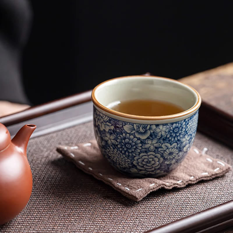 Ceramic Zen Tea Cup with Blue Lotus & Chrysanthemum Design 95ml