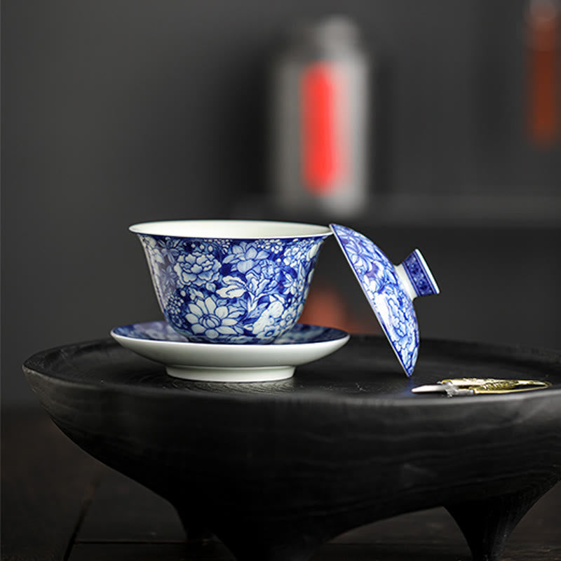 Vintage Blue White Porcelain Gaiwan Tea Cup Set 150ml Meditation