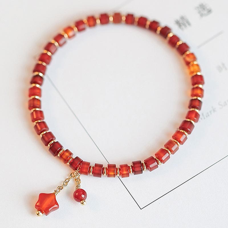 Natural Red Agate Confidence Bracelet with Four Leaf Clover & Star Charm