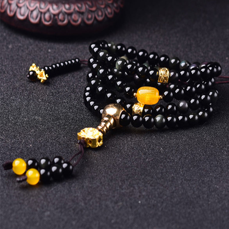 108 Beads Black Obsidian Lotus Fulfilment Mala Bracelet 6mm