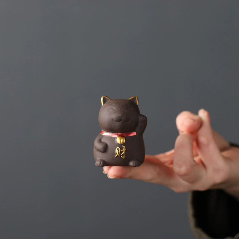 Purple Clay Mini Lucky Cat Wealth Figurine for Prosperity