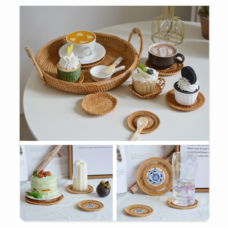 Ceramic Flower Pattern Rattan Cup Mat | 10cm Coaster