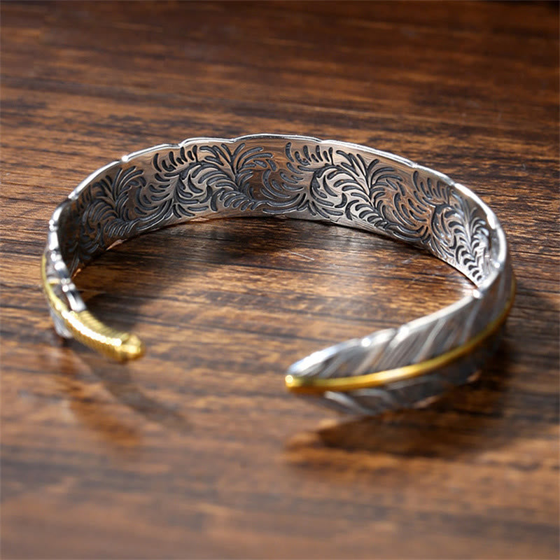 Copper Feather Pattern Carved Luck Wealth Cuff Bracelet