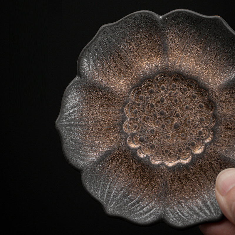Vintage Lotus Flower Ceramic Tea Mat 9.8cm Brown | Zen Decor
