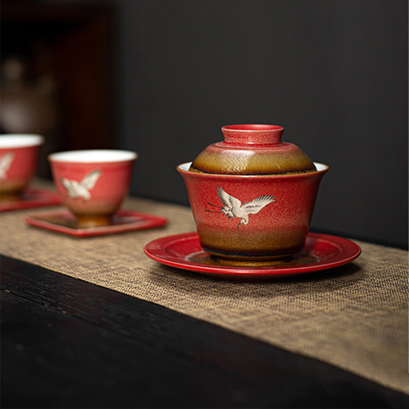 Red Auspicious Crane Ceramic Gaiwan Sancai Teacup | Zen Decor