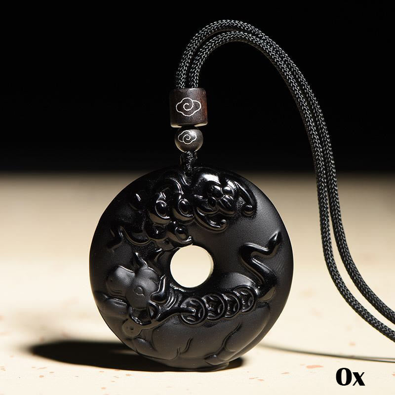 Chinese Zodiac Black Obsidian Strength Necklace Pendant