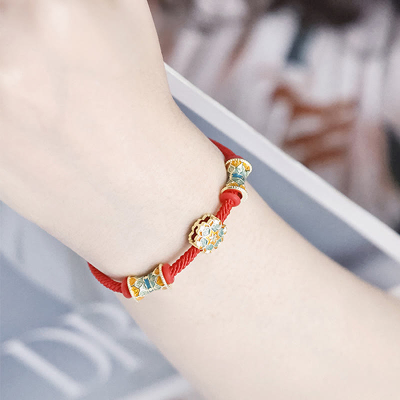925 Sterling Silver Lotus Drum Bracelet with Red Rope | New Beginnings