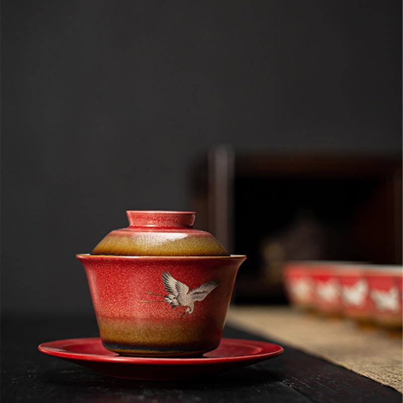 Red Auspicious Crane Ceramic Gaiwan Sancai Teacup | Zen Decor