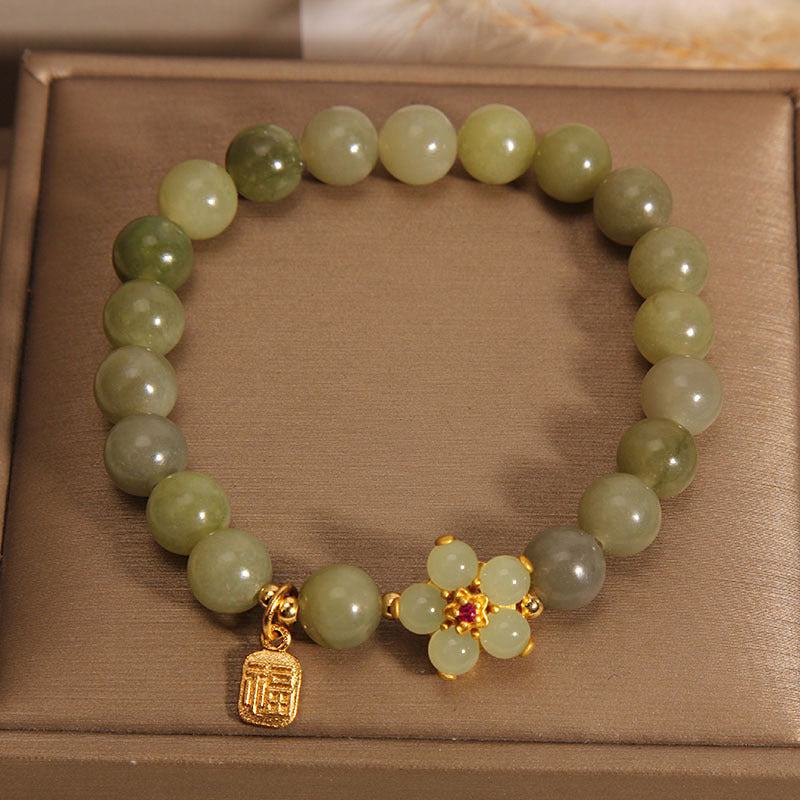Green Jade Fu Character Luck Flower Bracelet 14-16cm