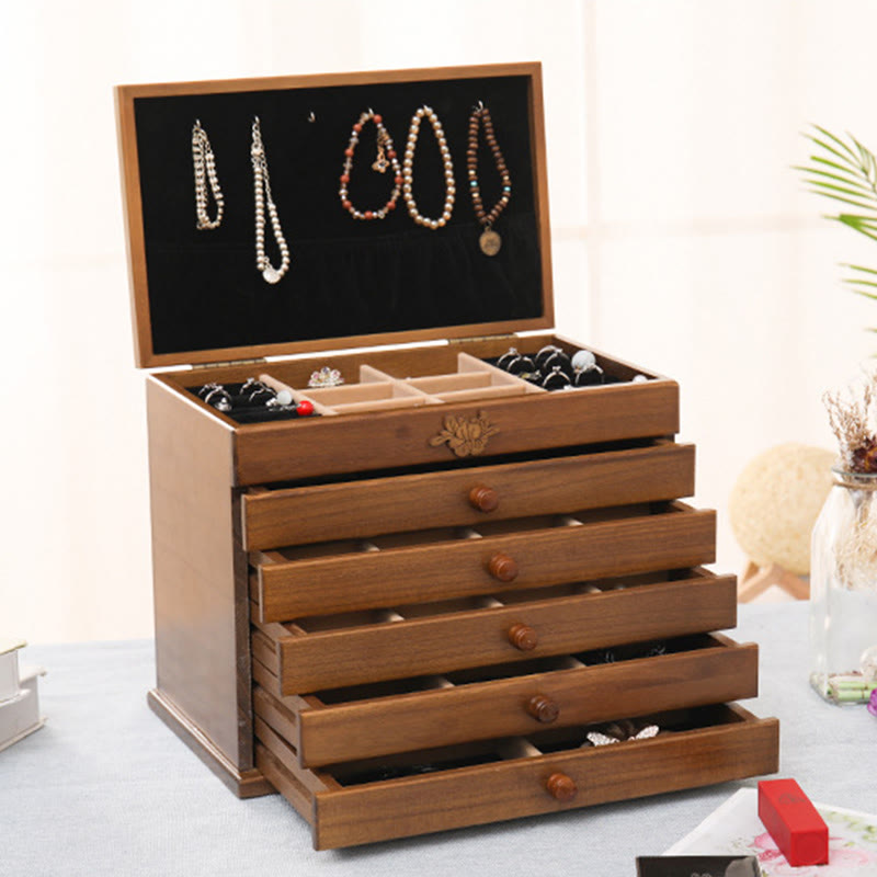 Spacious Six-Layer Vintage Flower Wooden Jewelry Box