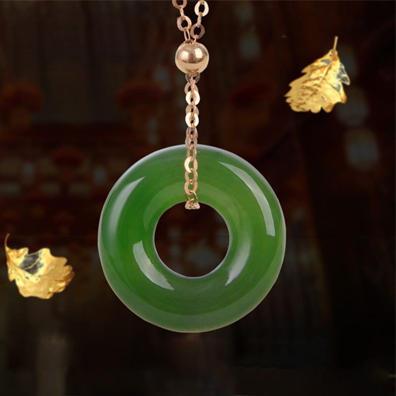 Unisex Round Cyan Jade Healing Necklace 14K Gold Pendant