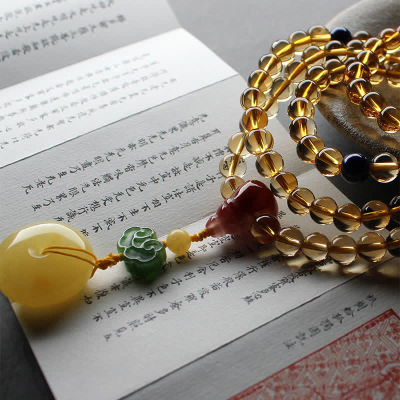 108 Bead Citrine and Amber Gemstone Mala Bracelet for Peace