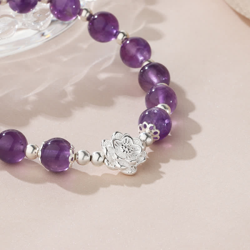 925 Sterling Silver Amethyst Lotus Spiritual Bracelet