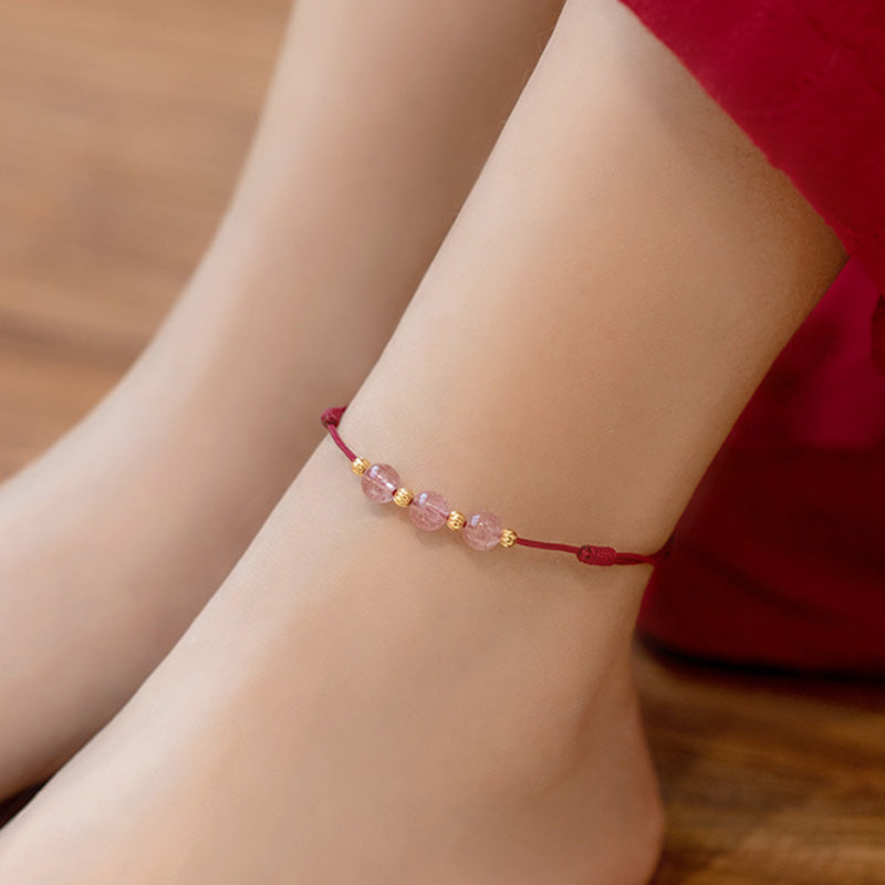 Strawberry Quartz Spiritual Anklet with Red String for Luck